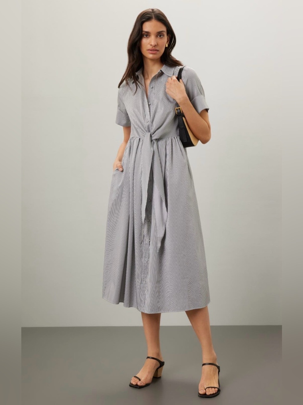 Adam Lippes~Light Gray Striped Tie-Waist Midi Shirt Dress~Size 4~$335~